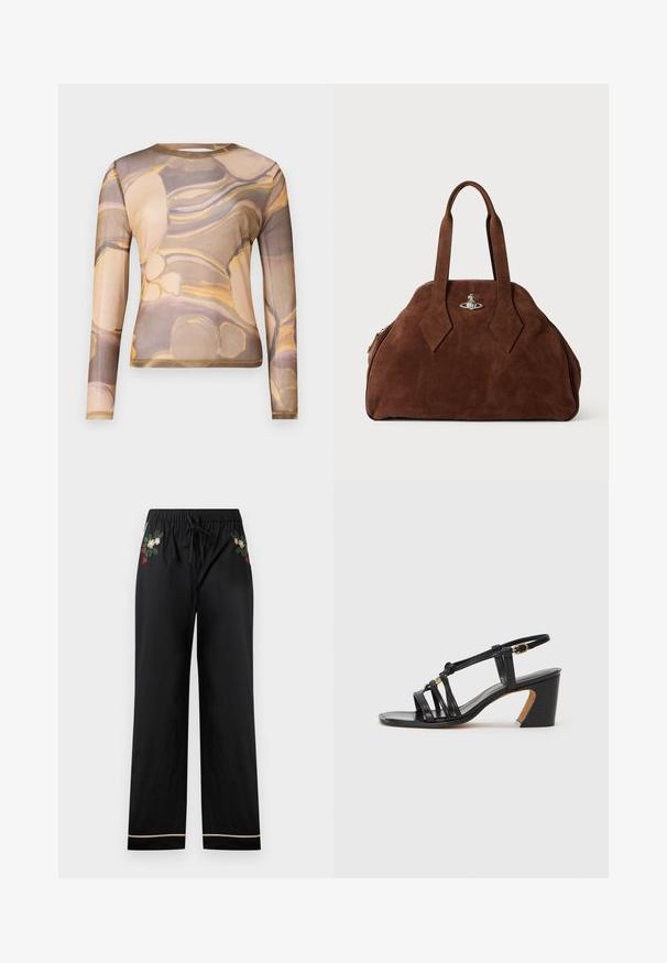 Ilgų rankovių marškinėliai iš permatomo audinio, puošti ruda ir beige abstrakčia ornamentika su geltonais akcentais. Apvalus iškirpimas ir pritaikyta siluetas.; Juodos plačios kojų kelnės turi elastingą juosmenį su raišteliu, siuvinėtus gėlių raštus spalvose ir kontrastingą apdailą apačioje.; Paul Smith AMIRA - Klasikiniai aukštakulniai - black; Ruda zomšo rankinė su struktūrine forma, apvaliu kūnu ir pailgom rombo formos rankenom. Yra sidabro spalvos uždarymo mechanizmas.