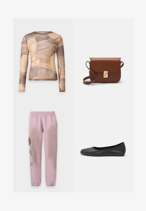 Long-sleeve top in translucent fabric featuring a brown and beige abstract pattern with yellow accents. Round neckline and fitted silhouette.; Pink sweatpants with an elastic waistband, featuring decorative patches in diamond shapes on the left side and elastic cuffs at the ankles.; Black leather ballet flat with a rounded toe, smooth texture, minimal stitching detail, and a flexible sole design.; Brown leather handbag with a flap closure, gold-tone hardware, a shoulder strap, and a smooth texture. Compact rectangular shape.