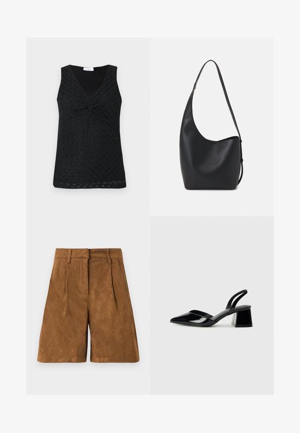 Top preto sem mangas com decote em V e detalhe torcido no centro, apresentando um padrão de malha texturizada por todo o tecido.; Calções de camurça castanho com uma textura suave, apresentando pregas frontais, uma cintura plana e um corte reto.; Sandy em verniz preto com salto slingback, ponta afilada e salto geométrico. Apresenta um design elegante e minimalista com textura suave.; Saco hobo preto em pele com uma textura lisa, forma curva e uma única alça ajustável; apresenta uma abertura larga na parte de cima.