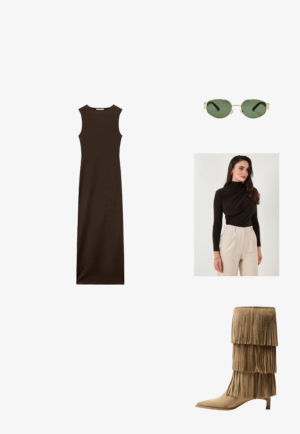 LELA SLIM FIT - Langarmshirt - brown; Ärmelloses braunes Maxikleid mit taillierter Oberseite und geradem Schnitt. Hergestellt aus glattem Stoff, mit Rundhalsausschnitt und ohne sichtbare Verschlüsse.; Fransen-Stiefelette aus taupefarbenem Wildleder mit drei Lagen Fransen. Spitz zulaufende Zehenpartie und ein niedriger Blockabsatz. Durchgehend glatte Oberfläche.; Sonnenbrille mit goldfarbenem Metallrahmen, grünen getönten Gläsern, ovaler Form, schwarzen Bügeln und klaren Nasenpads. Sauberes, minimalistisches Design.; Goldfarbene blumenförmige Ohrringe mit geschichteten Blütenblättern, die eine strukturierte Oberfläche und ein zentrales Perlendetail aufweisen.