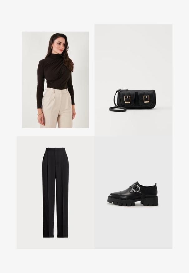 LELA SLIM FIT - Tops ar garām piedurknēm - brown; Melnas piegriezuma bikses ar augstu jostasvietu, priekšā ar krokām, taisna kāju dizains un ar aprocēm. Izgatavotas no gludas auduma.; Melni ādas apavi ar masīvu, rievojumu zoli, ar apaļu sudraba aksesuāru un minimālām šuvēm.; Melnas ādas crossbody soma ar divām priekšējām kabatām, zelta sprādzēm, ar rāvējslēdzēju aizdari un šauru siksnu. Strukturēta virsma un kompakta taisnstūra forma.