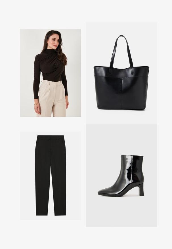 LELA SLIM FIT - Pikkade varrukatega topp - brown; Mustad püksid, millel on kohandatud disain, küljetaskud ja sirge sääreosa. Valmistatud sileda, kerge kangaga, millel on peen viimistlus.; Must-sinine nahkjalats musta läikiva viimistlusega, millel on terav nina ja keskmise kõrgusega plokk konts. Sile tekstuur ja minimalistik disain.; Must mustaga musta nahast, millel on kaks pikka kanda, sile tekstuur ja struktureeritud kuju. Esipoolsel on lisakoti jaoks tasku.