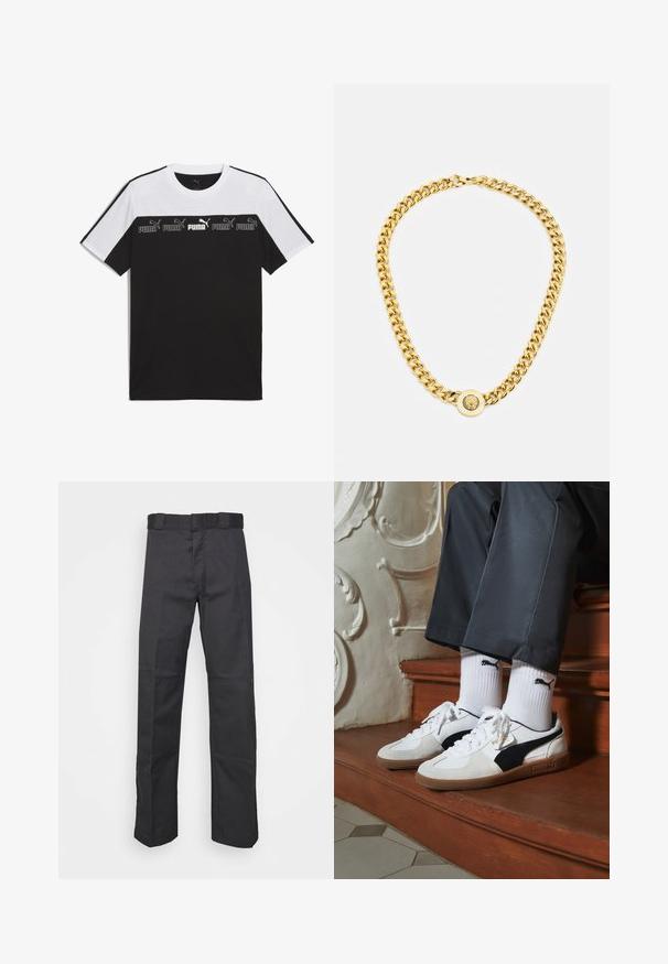 Camiseta de manga corta en blanco y negro hecha de algodón, con un logotipo de PUMA en el centro en un diseño gráfico audaz y una textura en el pecho.; Pantalones negros de tela duradera, con un diseño de pierna recta, una cinturilla con trabillas para cinturón y costuras para mayor textura.; Zapatillas Puma en gamuza blanca y negra, con una suela de goma marrón. Combinadas con calcetines blancos que muestran un logo negro, llevados con pantalones oscuros.; Collar de cadena de oro con grandes eslabones entrelazados, que presenta un detalle de medallón circular en el centro con un emblema en relieve.