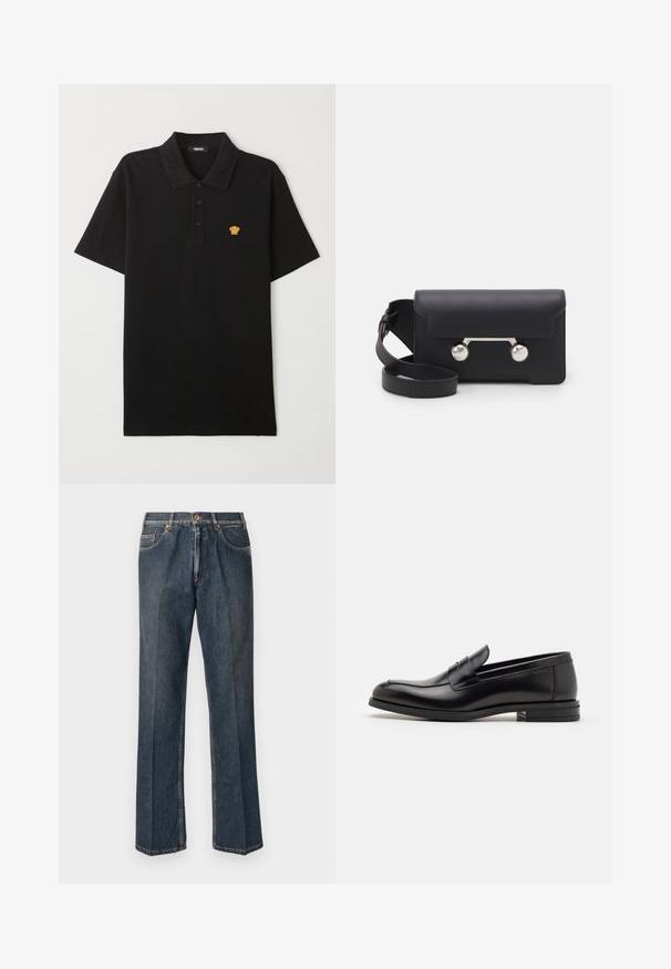 Polo preto feito de algodão, apresentando uma pala de três botões e um logo dourado da Medusa no peito. Textura suave e lisa.; Jeans de ganga de perna reta azul escuro com botão à frente, fecho de correr, dois bolsos frontais e vinco vertical visível ao longo das pernas.; Mocassins de couro preto com uma textura suave, bico arredondado e uma faixa decorativa sobre o peito do pé. Salto baixo e empilhado, design minimalista.; Saco transversal em pele preta com fecho de aba, ferragens em tom prateado e dois acentos redondos. Apresenta uma alça destacável. Textura suave.