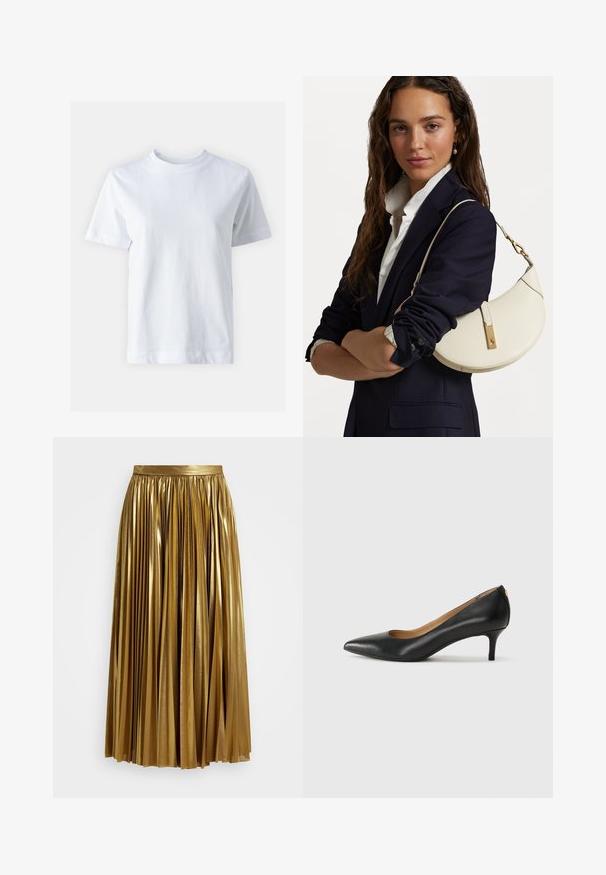 White cotton t-shirt with a crew neckline, short sleeves, a straight cut, and smooth texture. No patterns or embellishments.; Golden pleated maxi skirt with a shiny finish, featuring a high waistband and flowing texture, suitable for various occasions.; Black leather pump with a pointed toe, low heel, and a smooth texture. Features a slight opening at the front and minimal hardware at the back.; White leather handbag with a curved shape, gold hardware, and a textured finish, worn over a dark blazer and white shirt.