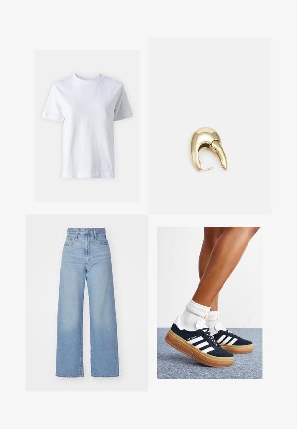 T-shirt bianco in cotone con scollo rotondo, maniche corte, taglio dritto e texture liscia. Nessun motivo o decorazione.; Jeans a vita alta blu chiaro con gamba larga, chiusura frontale con bottone e zip, tasche anteriori e posteriori, su uno sfondo bianco.; Sneakers in pelle scamosciata nera con strisce e dettagli bianchi, punta arrotondata, suola in gomma color gomme, abbinate a calzini bianchi a coste alla caviglia.; Orecchino in metallo color oro con un design elegante e curvo. Presenta una forma appuntita distintiva, superficie lucida e chiusura a cerniera.