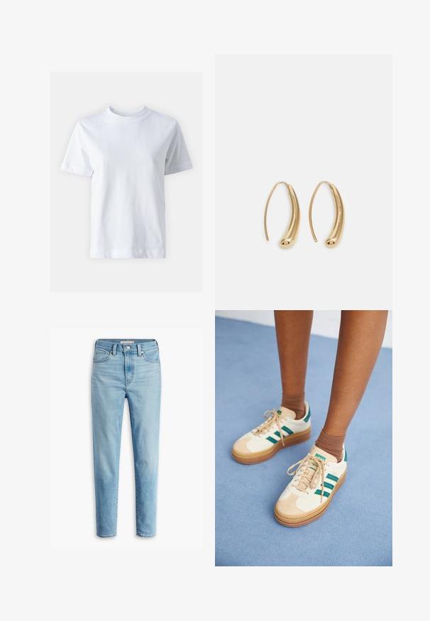 Camisa de algodão branca com decote redondo, mangas curtas, corte reto e textura suave. Sem padrões ou adornos.; Calças de ganga de cintura alta em azul claro, com bolsos frontais, passadores para cinto, fecho com botão e pernas ajustadas, sobre um fundo branco.; Ténis bege com riscas verde-escuras, sola de borracha, parte superior em camurça e têxtil, e ferragens neutras, combinados com meias castanhas sobre uma superfície azul-clara.; Brincos em metal dourado com forma de arco alongado e curvado. Apresentam uma superfície lisa e brilhante, com uma ponta arredondada para um detalhe adicional.