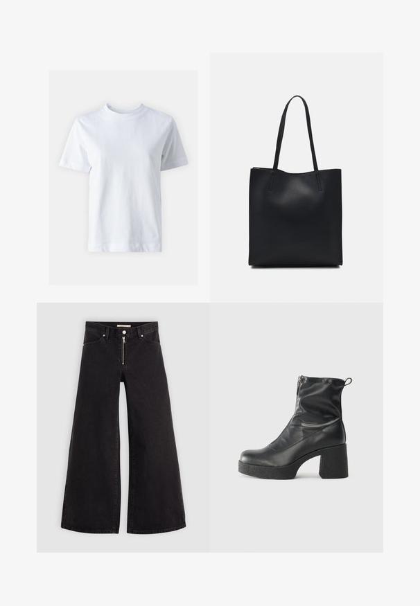 Tricou alb din bumbac, cu guler rotund, mâneci scurte, croială dreaptă și textură netedă. Fără modele sau embellishments.; Jeans cu picioare largi din denim negru, cu fermoar în față, design cu cinci buzunare și detalii subtile de cusătură. Textură netedă și stil casual.; Bocanci negri de glezna din piele netedă, cu fermoar lateral, toc texturat și masiv, și design cu vârf rotund.; Geantă tote neagră din piele, cu textură netedă, formă rectangulară și două mânere lungi. Fără hardware vizibil sau ornamente.