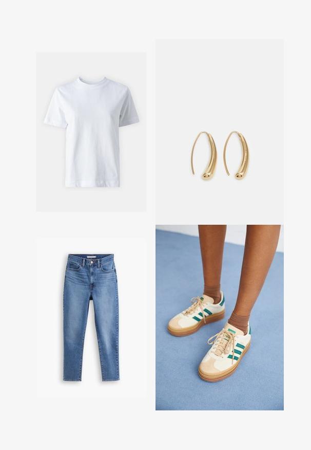 Bílá bavlněná tričko s kulatým výstřihem, krátkými rukávy, rovnym střihem a hladkou strukturou. Bez vzorů a ozdob.; Modré dámské džíny s vysokým pasem, s předním zapínáním na knoflík a zip, poutky na pásek a designem s pěti kapsami, položené na bílém pozadí.; Béžové tenisky s tmavě zelenými pruhy, gumovou podrážkou, svrchní částí z semiše a textilu, a neutrálním kováním, doplněné hnědými ponožkami na světle modrém povrchu.; Náušnice ve tvaru kruhu z pozlaceného kovu s vroubkovaným, prodlouženým tvarem. Mají hladký, lesklý povrch a zaoblený konec pro zvýraznění detailu.