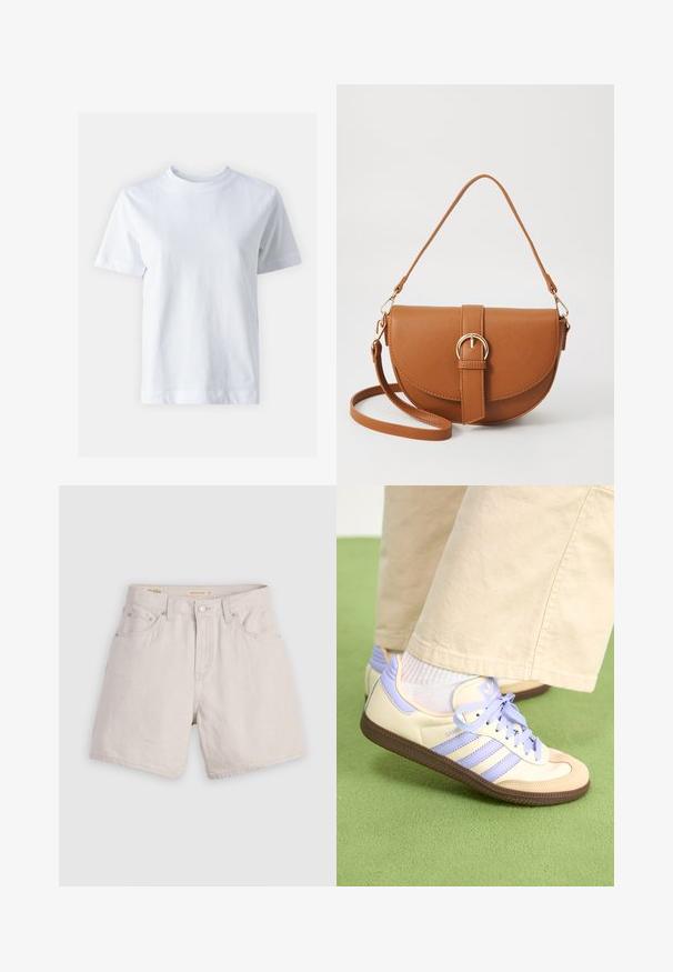 Bjela pamučna majica s okruglim izrezom, kratkim rukavima, ravnim krojem i glatkom teksturom. Bez uzoraka ili ukrasa.; Beige traperice kratke hlače viskog struka s dugmadi sprijeda, petljicama za pojas i dizajnom s pet džepova; lagane su i imaju glatku teksturu.; Kremasto-ljubičaste tenisice s tri pruge i strukturiranim smeškim potplatom, s vezicama i podstavljenim petom. Mekana gornja tkanina.; Smeđa kožna torba preko tijela s zakrivljenim oblikom, zlatnim metalnim detaljima i naglaskom na kopču. Ima odvojivu naramenicu.