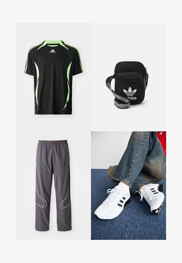 Camiseta deportiva negra de manga corta, con acentos verdes y paneles laterales curvados. Fabricada con un material ligero y transpirable.; Pantalones deportivos grises para hombre con cintura elástica, bolsillos con cremallera y acentos reflectantes blancos en los laterales. Textura ligera y suave.; Zapatillas deportivas de malla blanca con acentos en negro, que presentan un diseño texturizado y una suela distintiva, combinadas con jeans de mezclilla azul.; Bolso cruzado de tela negra con cierre de cremallera, que presenta un logo blanco de Adidas y una correa ajustable a rayas para un fácil transporte.