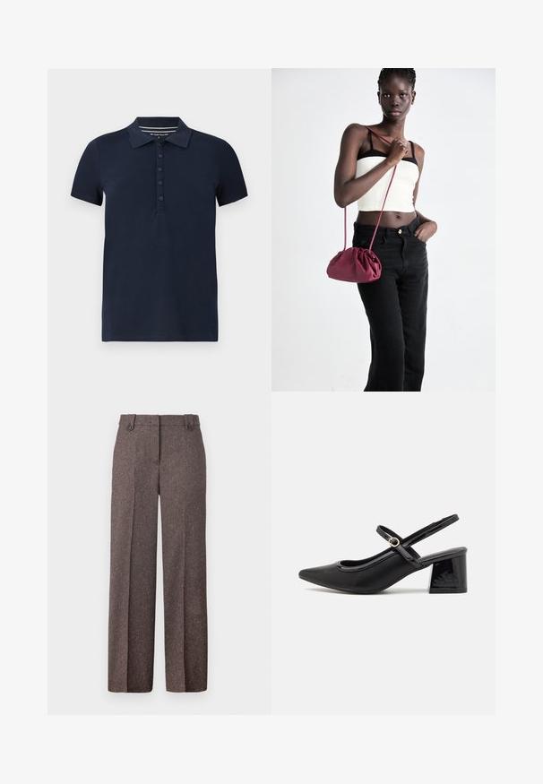 Námorníci modrá polo košeľa s krátkym rukávom z jemnej bavlnenej zmesi, s golierom, zapínaním na päť gombíkov a rovnými okrajmi s minimálnym prešívaním.; Hnedé nohavice s širokými nohavicami vyrobené z textúrovanej tkaniny. Obsahuje dve predné vrecká a strih na míru s dvoma gombíkmi na páse.; Čierne lakované kožené lodičky so slingback dizajnom, špicatou špičkou, zaobleným výrezom a blokovým podpätkom. Obsahuje akcent zlatého tónu s prackou.; Burgundský mäkký kabelka z textilu s zhromaždeným dizajnom a dlhým popruhom, nosená cez telo. Model má na sebe biely crop top a čierne džínsy.