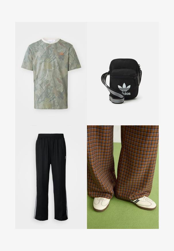 Camo-mustriga lühikeste varukatega T-särk vaikses rohelises toonis, millel on ümar kaelus ja oranž Adidas logo vasakul rinnal.; Mustad mustad spordipüksid elastse vöökohaga, millel on valged küljeread ja väike logo. Materjal tundub pehme ja kerge.; Pruunide ja siniste ruuduliste laiad püksid, mille juurde on kombineeritud valged kingad mustade aktsentidega ja tekstuursete taldadega, roheline taust.; Mustmust värvi risti koti, millel on tõmblukuga sulgemine, valge Adidas'i logo ja triibuline reguleeritav rihm mugavaks kandmiseks.