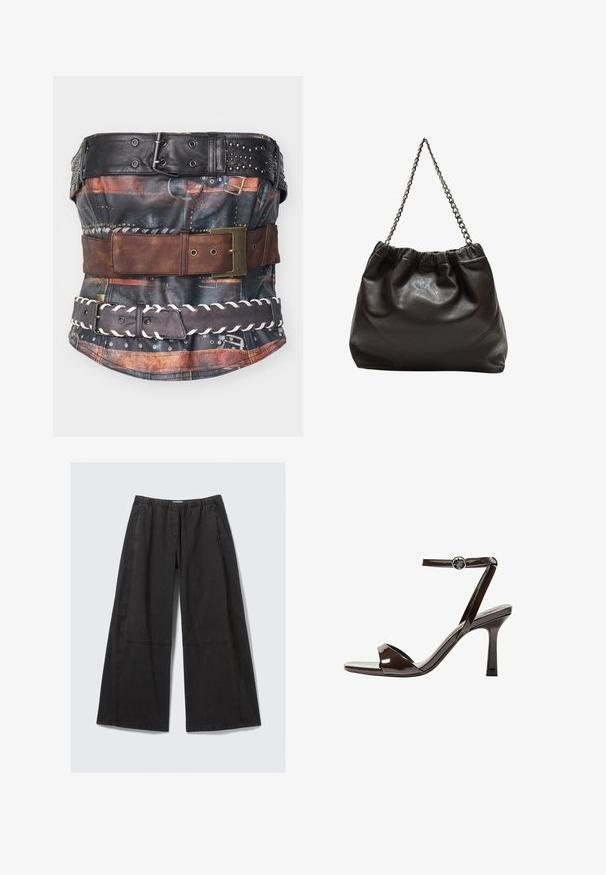 Läderkorsett med flera remmar i olika färger: svart med nitar, brunt läder och ett flätat mörkbrunt bälte. Texturerad tyg med mönster.; Svarta vida byxor i bomull. Har en elastisk midja och sidopotter med sömdetaljer. Slät front utan fickor.; Bruna lackläder högklackade sandaler med ankelrem, öppen tå och en elegant, minimalistisk design. Har en fyrkantig klack.; Brun läderväska med rynkad topp och kedjesnodd. Slät textur med en blankslipad yta och subtila sömdetaljer på sidorna.