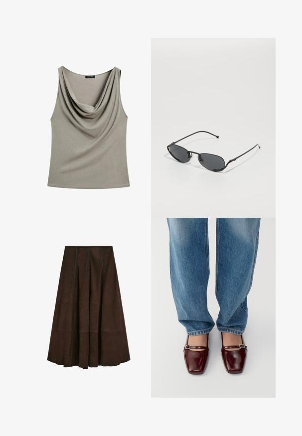 Axelös topp med cowl-hals i mjukt, dämpat grått tyg med avspänt passform, som har en slät yta och ingen synlig hårdvara.; Brun mockaskirt midi med en utsvängd design och vertikal sömdetaljering, med en slät textur och en bred fåll.; Burgundy lackskor med fyrkantig tå och ankelsnodd, som bärs med ljusblå löst sittande jeans. Skorna har en glansig yta.; Svarta solglasögon med smala ovala linser, tunna metallbågar och justerbara nässlipsar. Har en elegant, minimalistisk design.; Brun tygsjal med fransade kanter, tillverkad av mjukt material. Har en liten vit etikett med svart text nederst.