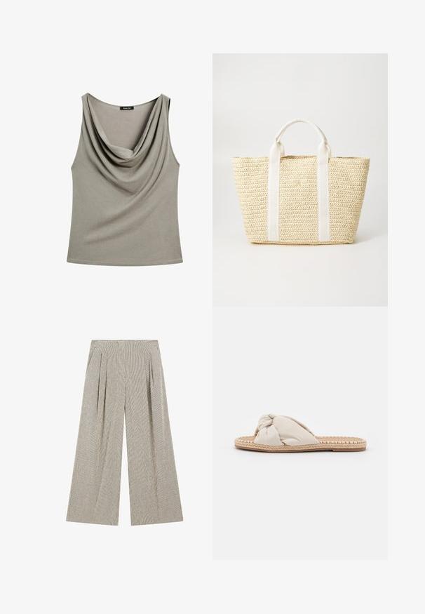Halenka bez rukávů s krkem do zvonu v měkké, tlumené šedé látce s uvolněným střihem, s hladkým povrchem a bez viditelného kování.; Kalhoty s širokým střihem vyrobené z texturované látky v tlumené šedé barvě s jemnými vertikálními pruhy, s nažehlenými záhyby v pase pro zvýraznění detailu.; Béžové plátěné sandály na klínu s uzlovým designem v horní části a tkanou juty podrážkou. Ploché, otevřené špičky, s texturovaným, splétaným okrajem.; Tkaná slaměná taška v přírodní béžové barvě, s bílými textilními uchy se vzorovanými detaily, strukturovaným tvarem a otevřeným vrchem.