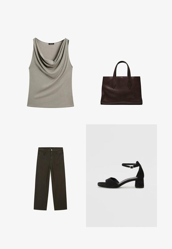 Top senza maniche con collo a cowl in morbido tessuto grigio tenue, con una vestibilità rilassata, caratterizzato da una superficie liscia e senza hardware visibile.; Jeans a gamba larga di colore verde scuro, realizzati in tessuto misto cotone, dotati di chiusura con bottone frontale, cinque tasche e cuciture classiche in denim.; Sandali con tacco in suede nero, con una sottile fascia alla caviglia, design open toe e un discreto tacco a blocco. Texture liscia e decorazioni minime.; Borsa a spalla in pelle marrone con due manici lunghi, forma rettangolare strutturata, texture liscia e dettagli di cucitura sottili.
