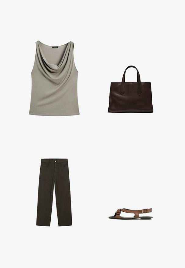 Ärmelloses Top mit Kapuzenkragen aus weichem, gedämpften grauen Stoff mit lockerer Passform, das eine glatte Textur und keine sichtbaren Beschläge aufweist.; Dunkelgrüne Jeans im weit geschnittenen Style, hergestellt aus einem Baumwollgemisch. Sie verfügen über einen Frontknopfverschluss, fünf Taschen und klassische Denim-Nähte.; Braune Leder-Sandale mit offener Zehenpartie und seitlichen Ausschnitten. Sie verfügt über einen Knöchelriemen mit einer metallischen Schnalle und eine flache Sohle.; Braune Ledertasche mit zwei langen Griffen, strukturierte rechteckige Form, glatte Textur und dezente Nähdetails.
