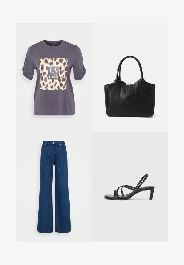 Szara koszulka z krótkim rękawem z kwadratowym wzorem w panterkę, z złotymi akcentami i napisem "LA vibes" na środku. Miękki, casualowy materiał.; Niebieskie dżinsy o szerokich nogawkach z wysokim stanem, z przodu na guzik i zamek błyskawiczny, oraz kieszeniami z przodu i z tyłu na jednolitym tle.; Czarne sandały na obcasie z prostokątnym noskiem i niskim słupkowym obcasem. Posiadają wiele cienkich pasków i regulowany pasek na kostkę. Wykonane z gładkiej skóry.; Czarna skórzana torba tote o gładkiej fakturze, usztywnionym kształcie, dwóch uchwytach oraz wyraźnym srebrnym zapięciu na przodzie.