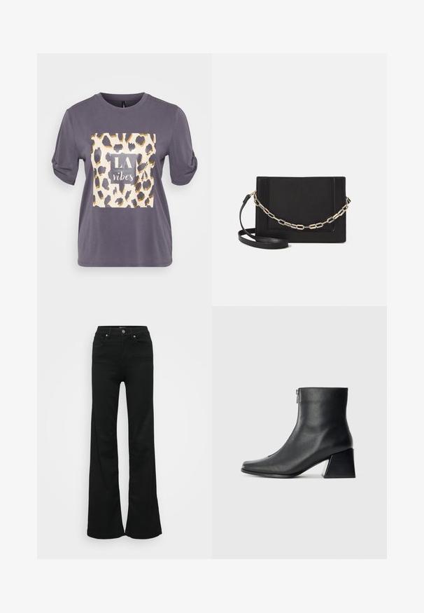 Gray short-sleeve T-shirt featuring a leopard print square with gold accents and "LA vibes" text in the center. Soft, casual fabric.; Black flared jeans made from denim, featuring a high waist, five pockets, and metal button closure. Smooth texture with minimal detailing.; Black leather ankle boot with square toe, side zipper, and block heel against plain light background.; Black leather crossbody bag featuring a smooth texture, rectangular shape, and a metallic chain detail on the front. Adjustable strap included.