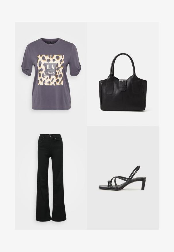 Šedé tričko s krátkými rukávy, které má na sobě čtverec s leopardím vzorem a zlatými akcenty, uprostřed je nápis "LA vibes". Měkký, pohodlný materiál.; Černé zvonové džíny vyrobené z denimu, s vysokým pasem, pěti kapsami a kovovým zapínáním. Hladká textura s minimálním zdobením.; Černé sandály na tenkém podpatku se čtveratou špičkou a nízkým blokovým podpatkem. Mají několik tenkých popruhů a nastavitelné zapínání okolo kotníku. Vyrobeny z hladké kůže.; Černá kožená tote taška s hladkým povrchem, strukturovaným tvarem, dvěma uchy a výrazným stříbrným detailem s přezkou na přední straně.