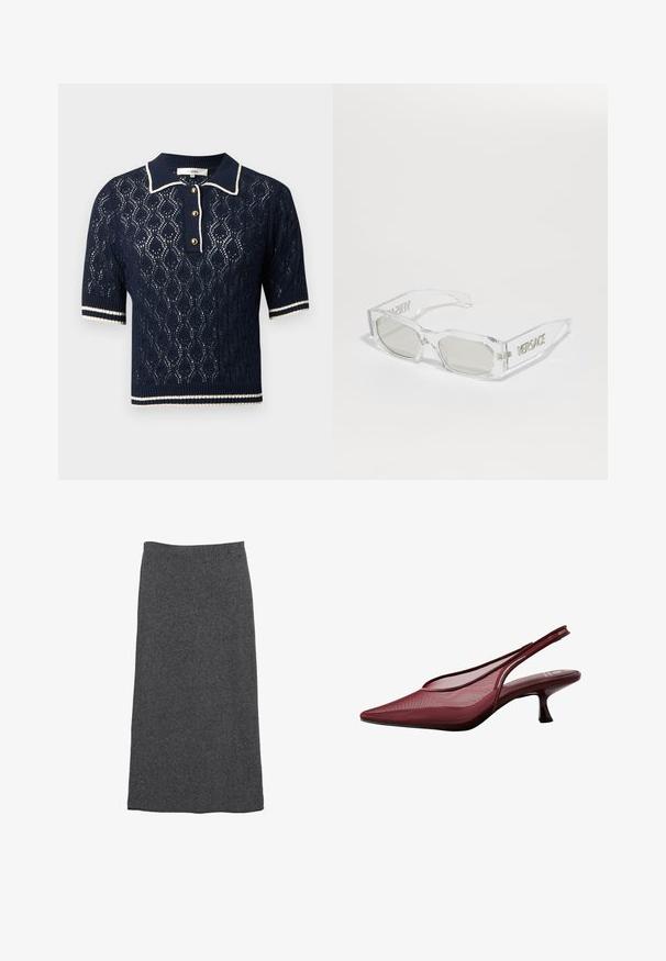 Navy gebreide polo trui met een kantpatroon, korte mouwen, een kraag en drie gouden knopen, met witte gestreepte accenten.; Grijze wollen maxi rok met een rechte snit en elastische tailleband, met een zachte textuur en een gladde afwerking. Geen zichtbare patronen of accenten.; Bordeaux slingback pumps met een spitse neus en een bovenwerk van gaas. Beschikt over een slanke hak en uitsnijdingen, wat een elegante silhouet biedt.; Heldere plastic zonnebril met grijze lenzen, rechthoekige vorm, reliëf "Versace" logo op de pootjes, die een modern design laat zien.; Bordeaux leren hobo-tas met een gebogen handvat en een zachte, gestructureerde body. Voorzien van een ritsluiting en minimale stiksel-details.