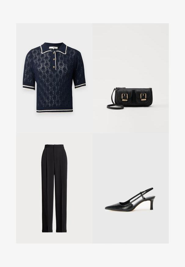 Maglione polo a maglia blu navy con un motivo a pizzo, maniche corte, colletto e tre bottoni dorati, con dettagli a strisce bianche.; Pantaloni neri su misura a vita alta, con pieghe frontali, design a gamba dritta e orlo con risvolto. Realizzati in tessuto morbido.; Slingback con tacco in vernice nera con punta affusolata, caratterizzato da una stampa a serpente testurizzata, cinturino regolabile e un tacco corto e testurizzato.; Borsa a tracolla nera in pelle con due tasche frontali, fibbie dorate, chiusura con zip e una tracolla sottile. Superficie texturizzata e forma rettangolare compatta.