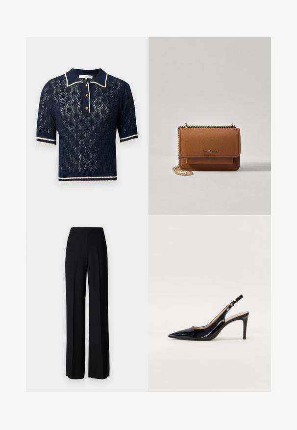 Granatowy sweter polo z dzianiny z wzorem koronkowym, krótkie rękawy, kołnierzyk oraz trzy złote guziki, z białymi paseczkami.; Czarne spodnie o szerokim kroju, o gładkiej fakturze, z wysokim stanem i centralnymi kantami. Brak widocznych wzorów lub detali metalowych.; Czarne lakierowane szpilki typu slingback z szpiczastym noskiem, smukłym obcasem i subtelnym wycięciem. Posiadają złotą klamrę na pasku.; Brązowa skórzana torba na ramię z teksturą, z złotym łańcuszkiem i zapięciem na klapkę. Z przodu znajduje się detal z logo oraz kieszeń pod klapką.