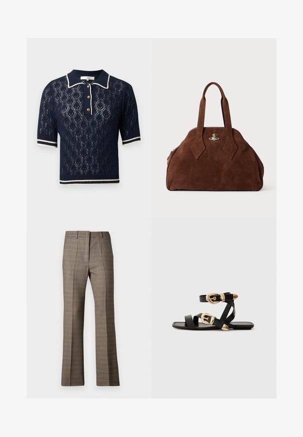 Tumedat teksipolo kampsun pitsmustriga, lühikeste varrukatega, krae ja kolme kuldse nööbiga, millel on valged triibulised aksessuaared.; Pruunist ruudulisest kangast püstise sääremuudega püksid, millel on tekstureeritud kangas ja peened beeži ning tumedamate pruunide tooni mustrid.; Mustad nahast sandaalid kuldsete pandlitega, millel on mitmed rihmad ja lame talladisain avatud varba jaoks.; Pruun nahast käekott, millel on struktureeritud kuju, ümar keha ja piklikud rombikujulised käepidemed. Varustatud hõbedase riistvaraga lukuga.