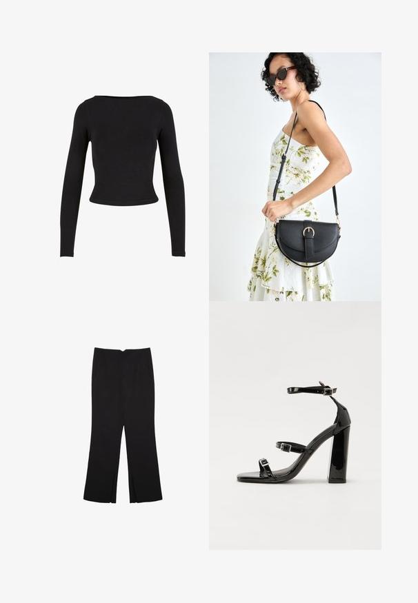 Crna, dugosleeve crop top izrađen od mekog, rastezljivog materijala s jednostavnim, prilagođenim dizajnom i širokim izrezom. Bez uzoraka ili ukrasa.; Crne hlače ravnog kroja, s prednjim džepovima i bočnim prorezima na rubu. Izrađene od mekog i glatkog materijala. Pogodne za razne prigode.; Crne lakirane sandale na visoku petu s dva remena s kopčama, kvadratnim vrhom i masivnom blok petom, s glatkom, sjajnom teksturom.; Crna kožna torba s lukovitim oblikom, odvojivim remenom i zlatnim detaljima. Torba ima preklop s kopčom.