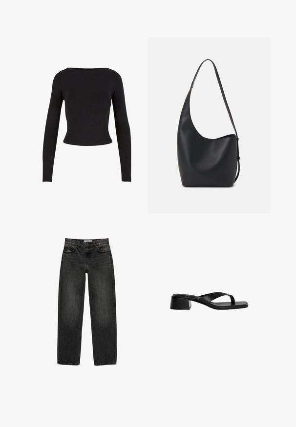 Crna, dugosleeve crop top izrađen od mekog, rastezljivog materijala s jednostavnim, prilagođenim dizajnom i širokim izrezom. Bez uzoraka ili ukrasa.; Crne traperice od denima s opuštenim krojem, ravnim nogavicama, dizajnom s pet džepova i blago izblijedjelom teksturom. Zaključavanje na dugme i patentni zatvarač sprijeda.; Crne kožne sandale na petu imaju dizajn s trakama između prstiju, kvadratni vrh i nisku blok petu. Glatka tekstura s minimalističkim stilom.; Crna kožna hobo torba s glatkom teksturom, zakrivljenim oblikom i jednom podesivom trakicom; ima širok otvor na vrhu.