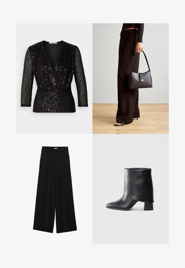 Juodas viršus su giliu V formos iškirpimu, trimis ketvirtadaliais rankovėmis ir viso paviršiaus juodais blizgučiais. Dizainas apima surinktą liemenį, suteikiantį prigludusį įvaizdį.; Juoda plačių kojų kelnės, pagamintos iš tekstūruoto audinio, su elastingu juosmeniu ir atsegamu diržu juosmenyje, leidžiančiu reguliuoti dydį.; Juodos odinės kulkšnės botai su smailiu pirštu, lygiu paviršiumi ir standžiu blokiniu kulnu. Ypatybė - aukštas, sulankstytas užkulnis.; Juodas rankinė struktūrizuota forma, lygi tekstūra ir metalinis užsegimas. Suporuota su plačiomis juodomis kelnėmis ir atvirais bateliais ant medinių grindų.