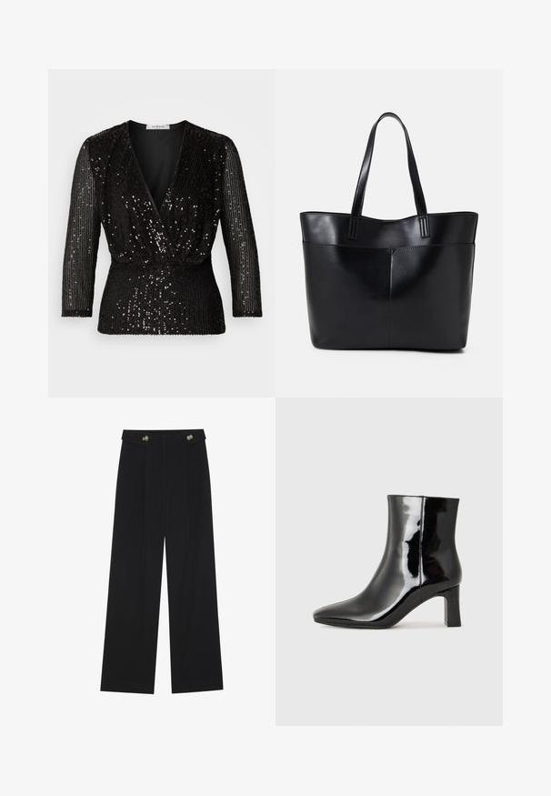 Črna majica z globokim V-izrezom, s tremi četrtinskimi rokavi in vsemi črnimi bleščicami. Oblika vključuje guban pas za prilegnjen videz.; Črne široke hlače s visokim pasom, gumbnimi detajli na pasu in sprednjimi gubami.; Črne lakirane gležnjarje z ošiljenim nosom in srednje visokim blokastim peto. Gladka tekstura in minimalističen dizajn.; Črna usnjena torba z dvema dolgima ročajema, gladko teksturo in strukturirano obliko. Ima sprednji žep za dodatno shranjevanje.