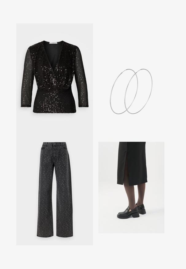 Czarna bluzka z głębokim dekoltem w kształcie V, rękawami o długości trzech czwartek oraz pokryta czarnymi cekinami. Projekt obejmuje marszczony pas, który zapewnia dopasowany wygląd.; Noisy May NMJANNEL czarny denim; Czarne skórzane buty z okrągłym noskiem, grubym blokowym obcasem i elastycznymi akcentami po bokach, zestawione z ciemnymi rajstopami i czarną spódnicą z rozcięciem.; Srebrne kolczyki w formie obręczy o minimalistycznym designie. Okrągły kształt, gładka faktura i cienki profil. Lekkie, z polerowanym wykończeniem.