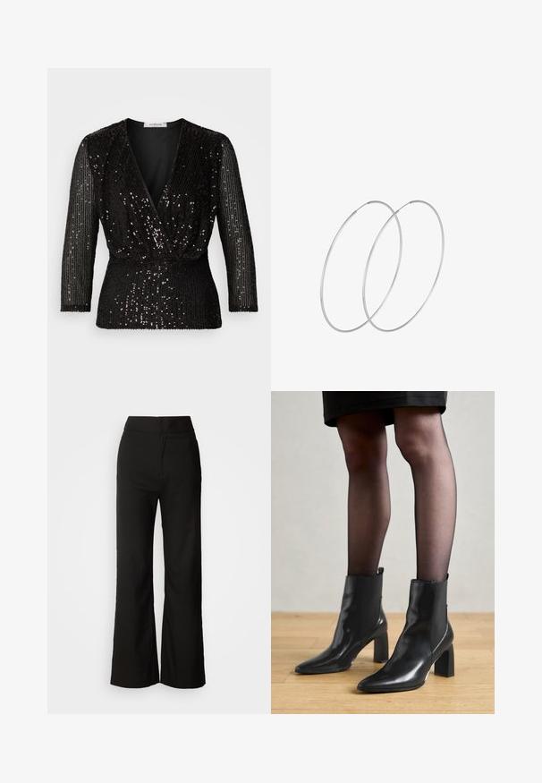 Crni top s dubokim V-izrezom, rukavima do tri četvrtine i cijelim prekriven crnim sequinama. Dizajn uključuje naboran pojas za oblikovan izgled.; Crne široke hlače s glatkom teksturom, visokim strukom i jednostavnim dizajnom. Bez vidljivih džepova ili ukrasa.; Crne kožne gležnjače s šiljastim vrhom, robusnim četvrtastim potplatom i elegantnim dizajnom. Imaju elastične bočne panele za jednostavno oblačenje.; Srebrne okrugle naušnice s minimalističkim dizajnom. Kružni oblik, glatka tekstura i tanak profil. Lagane s poliranim završetkom.