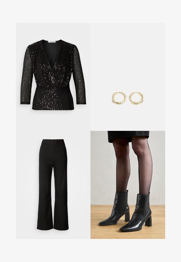 Musta pealne, millel on sügav V-kaelus, kolmveerandvarrukad ja mustad sädelused üle kogu pinna. Kujundus sisaldab kogutud taljet, et saavutada vormistav välimus.; Mustad laiad püksid sujuva tekstuuriga, kõrge vöökoht ja puhas disain. Ei ole nähtavaid taskuid ega dekoreerimist.; Mustad mustad jalanõud terava ninaga, paksu ruudukujulise kontsaga ja saleda disainiga. Omavad elastseid külgpaneele mugavaks selga tõmbamiseks.; Kuldsete rõngaskõrvarõngaste tekstuuriga, ebakorrapärane kuju. Omab sujuvat lukustust ja poleeritud pinnatöötlust, rõhutades kaasaegset disaini.