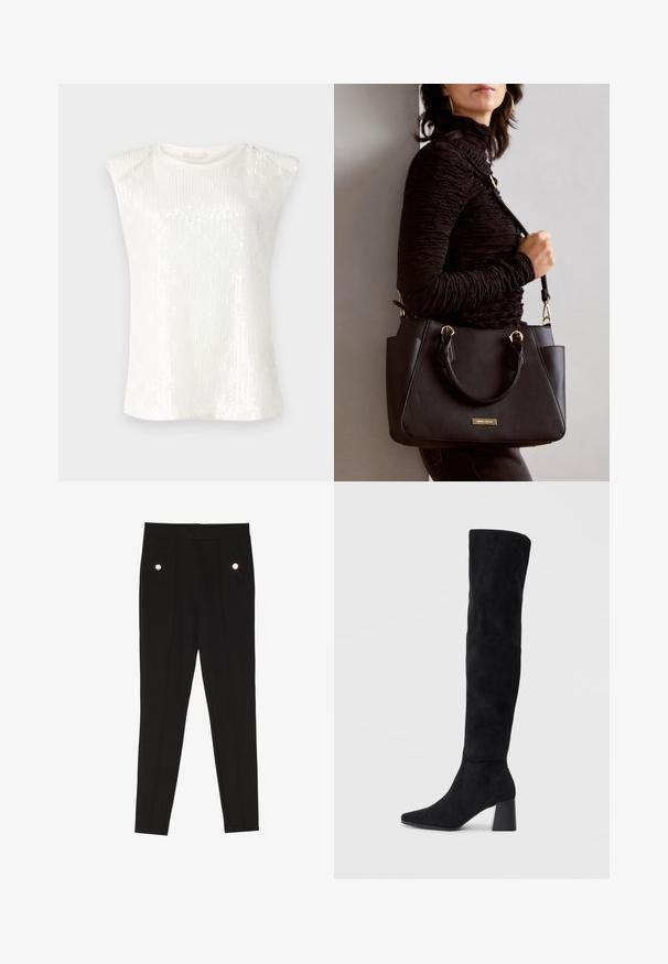 Ærmeløs hvid top med en paillet-tekstur, rund halsudskæring og let overdrevet skulderdesign. Let, glat stof.; Sorte skrædderbukser med en glat tekstur, der har to forlommer med dekorative hardwaredetaljer og en slim-fit design.; Sorte ruskind støvler i knæhøjde med blokheel, spids tå og glat, sømløs design på en enkel lys baggrund.; Sort håndtaske med struktureret overflade, dobbelt topbærere og justerbar skulderrem. Udstyret med guldfarvet metalhardware og sidelommer.