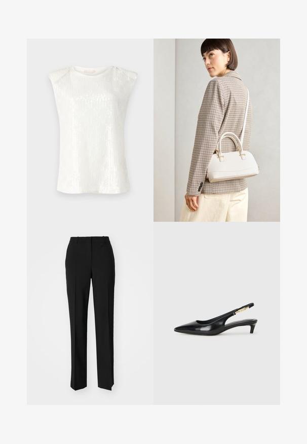 Bez piedurknēm, balts tops ar dzirkstošu tekstūru, apaļu kakla izgriezumu un nedaudz izteiktu plecu dizainu. Viegls, gluds audums.; Melnas pielāgotas bikses ar taisnu kāju dizainu, kas raksturojas ar gludu faktūru un asiem krokām pa priekšu. Nav redzamu metāla detaļu.; Melnas ādas slingback zābaki ar smailu purngalu, ar šauru papēdi un zelta krāsas akcentu uz regulējama siksniņas. Gluda tekstūra.; Balta strukturēta roku soma ar īsām rokturiem un plecu siksnu, ar zelta aparatūras akcentiem un strukturētu materiālu, izstādīta uz pelēka fona.