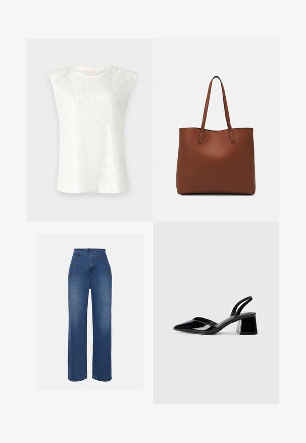 Ujjatlan fehér top, flitteres textúrával, kerek nyakkivágással és kissé hangsúlyos vállkialakítással. Könnyű, sima anyag.; Közepesen kék, magas derekú farmernadrág. Elöl gombos részletek és széles szárú kialakítás jellemzi. Az anyaga sima tapintású, enyhén megfakult.; Fekete lakk bőr szandálkés magas sarkú cipő, hegyes orral és geometrikus tömbsarkakkal. Karcsú, minimalista dizájn és sima textúra jellemzi.; Barna bőr vászontáska sima textúrával, nyitott tetejű dizájnnal és két vállpánttal. Minimális varrással és látható hardver nélkül készült.