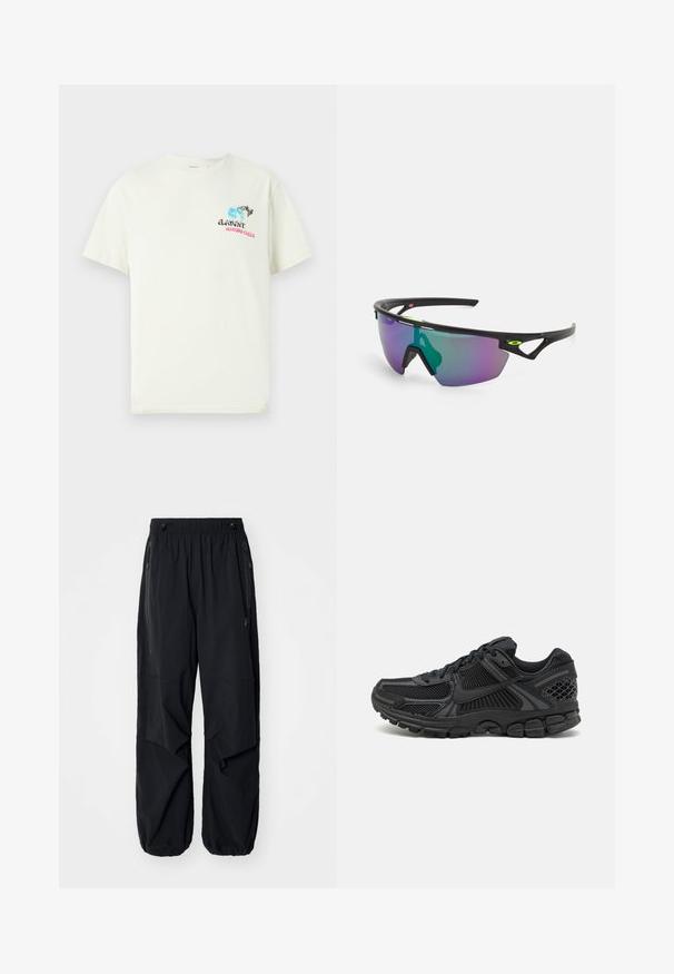Lyhythihainen kerma shirt, joka on valmistettu puuvillasta. Edessä on graafinen kuva, jossa on sininen maapallo ja tyylitelty teksti vaaleanpunaisena ja mustana. Klassinen pyöreä kaula-aukko.; Mustat kevyet cargo-housut, joissa on joustava vyötärö, sivuvetoketjut ja tilavat taskut. Ominaisuuksiin kuuluu rento istuvuus ja kapenevat hihnat.; Musta urheilukenkä, jossa on verkkouppous, kumipohja ja teksturoituja yksityiskohtia. Suunnittelussa on selkeä kengännauhojen järjestelmä ja pehmustettu pohja.; Urheilulasit mustalla kehyksellä, suuret liukuväriset linssit, joissa on purppuran- ja vihreänsävyjä, sekä kulmikkaat muotoilun yksityiskohdat, joissa on logotieto.