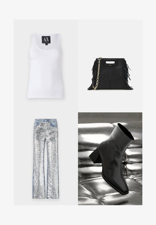 Bílý bezrukávový top vyrobený z hladké látky, s kulatým výstřihem a jemně vyšitým logem na přední straně.; Stříbrné džínové kalhoty se třpytkami, s rozšířeným střihem, denimovým pasem a boky, vytvářejícími texturovaný, odrazivý povrch.; Černá kotníková bota vyrobená z lesklého materiálu se čtveratou špičkou a zúženým podpatkem, umístěná na lesklém stříbrném prošívaném pozadí.; Černá kožená kabelka s třásněmi, zlatým řetízkovým ramenním popruhem a rukojetí s výřezem. Na přední straně se nachází logo.