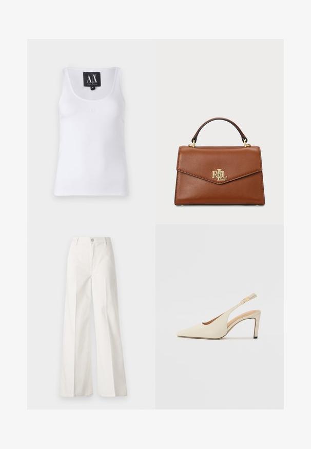 Biele bezrukávové tričko vyrobené z hladkej látky, s okrúhlym výstrihom a jemne vyšitým logom na prednej strane.; Biele široké nohavice vyrobené z bavlny s hladkou textúrou. Obsahujú predný gombík, zips a dizajn so štyrmi vreckami.; Bežové kožené slingback podpätky s ostrou špičkou, otvoreným bočným dizajnom a úzkym vysokým podpätkom. S popruhom so zlatým akcentom.; Hnedá kožená kabelka so štruktúrovaným dizajnom, horným úchopom, zlatými kovovými doplnkami a akcentom loga na prednej strane. Hladká textura.