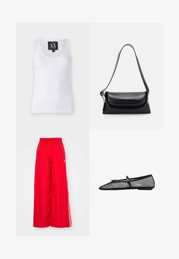 Bjela bezrukavna majica izrađena od glatkog materijala, s okruglim izrezom i suptilnim izvezenim logotipom sprijeda.; Crvene široke hlače od laganog materijala, s bijelim bočnim trakama i elastičnim pojasom sa vezicom.; Crne mrežaste balerinke s oštrim nosom, ukrasnom trakom i suptilnim naglaskom. Imaju otvoreni mrežasti dizajn i ravni potplat.; Crna kožna torba s oblikom koji je strukturiran, glatkom teksturom i jednim remenom za rame. Ima suptilan, zaokružen dizajn preklopa.