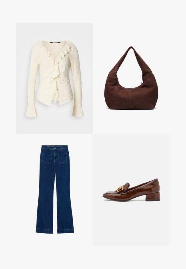 Cream long-sleeve blouse featuring a V-neckline, ruffled trim, gathered side, and bell-shaped sleeves. Made from lightweight, textured fabric.; Denim flared jeans in dark blue with a smooth texture, five-pocket design, and a button closure at the waist.; Brown leather loafers with a glossy finish, featuring a decorative gold buckle on the front and a low block heel. Classic design.; Brown suede hobo bag with a curved, wide handle and a large opening. Soft texture with visible stitching detailing along the edges.