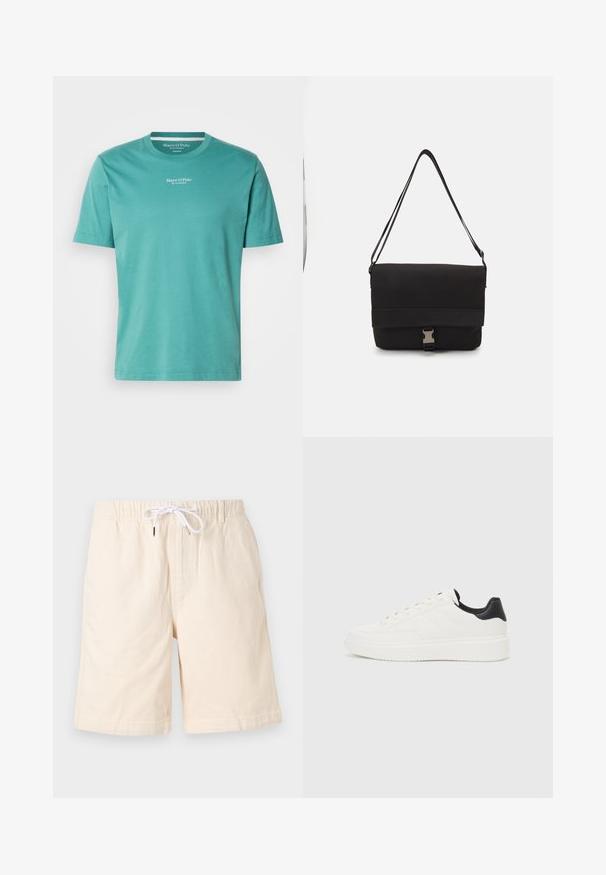Turkizna bombažna majica s kratkimi rokavi in krožnim izrezom, z belim logotipom na prsih. Redna prileganje z gladko teksturo.; Bež bombažne kratke hlače z udobnim krojem, elastičnim pasom in belim vezalcem. Imajo stranske žepe in gladko teksturo.; Beli usnjeni superge z embosiranim vzorcem, teksturiranimi belimi srednjimi podplati in črnim poudarkom na peti. Imajo zaobljen nos in ravne vezalke.; Črna torba za sporočila iz gladkega materiala, z zložljivim pokrovom, srebrno sponko in nastavljivim naramnim trakom.