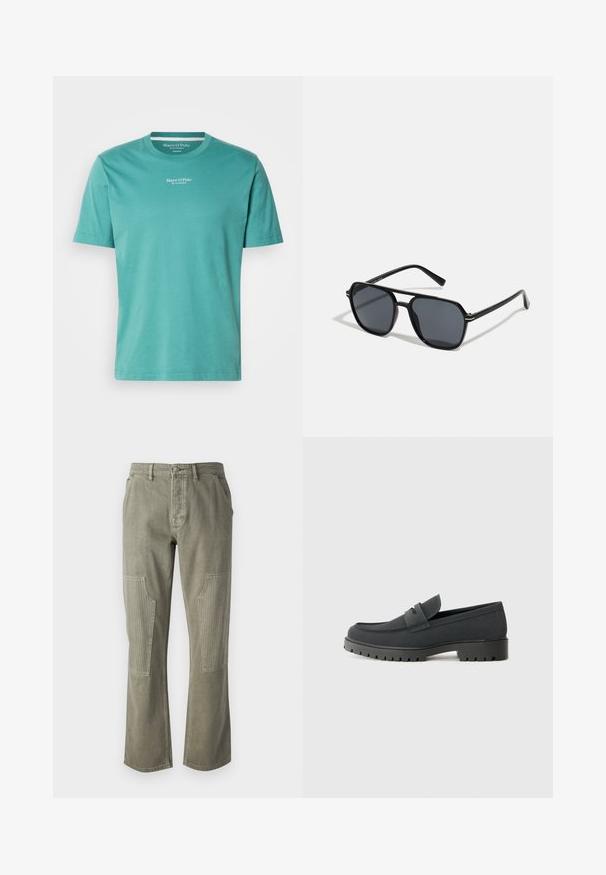 Tirkīza krāsas kokvilnas T-krekls ar apaļu kakla izgriezumu, īsām piedurknēm un baltu logo uz krūtīm. Regulāra piegriezuma ar gludu tekstūru.; Olīvu zaļas bikses no kokvilnas ar taisnu kāju dizainu, ar ribotiem akcentiem uz plāksteru kabatām un kontrastējošu diegu.; Melna loafers kurpe ar gludu, matētu apdari, ar noapaļotu purngalu un biezu, teksturētu zoli. Akcentēta ar priekšējo siksnu.; Melnas saules brilles ar astoņstūra rāmī, tumšiem stikliem, spīdīgu apdari, plānām kājām un zelta akcentiem priekšpusē.