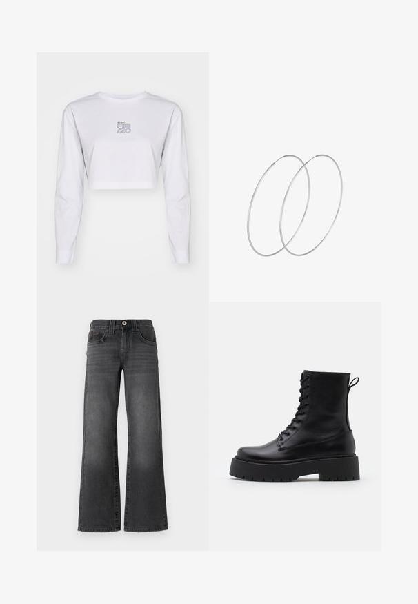 Bijela dugorukava krojena majica od pamuka. Ima otisnuti logo u plavoj i žutoj boji na prsima. Jednostavan, čist dizajn s pripijenim rukavima.; Široke traperice u tamnosivoj boji denima. Imaju pet džepova, kopčanje na dugme i suptilno izblijeđenje na tkanini. Klasični šavovi kao akcenti.; Crne kožne gležnjače s okruglim vrhom, vezanjem sprijeda i debelim gumenim potplatom s teksturiranim uzorkom. Tipa: traka za vuču na stražnjoj strani.; Srebrne okrugle naušnice s minimalističkim dizajnom. Kružni oblik, glatka tekstura i tanak profil. Lagane s poliranim završetkom.