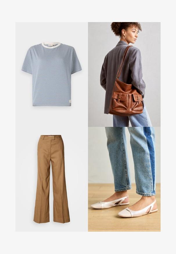Niebieska i biała koszulka z krótkim rękawem w paski, z okrągłym dekoltem i małą metką po dolnej stronie. Wykonana z lekkiego materiału.; Brązowe spodnie o szerokich nogawkach wykonane z lekkiej tkaniny. Posiadają płaski przód, szlufki na pasek oraz dopasowany krój z długością do kostek.; Jasnoróżowe baleriny na odkrytej pięcie z wąskim noskiem, wykonane z gładkiego materiału imitującego skórę. Posiadają wycięcia po bokach oraz płaski obcas.; Brązowa skórzana torba typu bucket z dwoma frontowymi kieszeniami z zapięciem na klamry. Torba ma gładką fakturę i regulowany pasek.