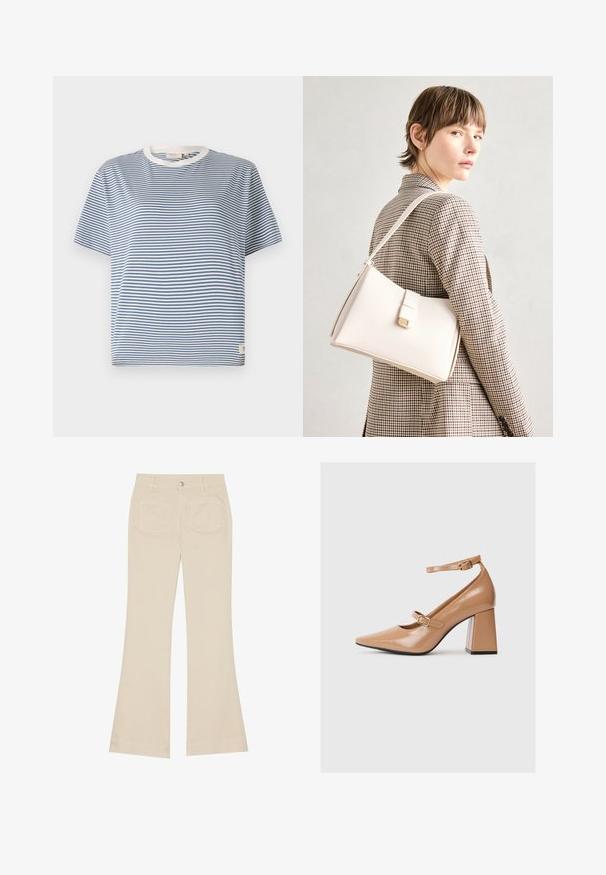 Zilā un baltā svītraina īsām piedurknēm T-kreklis ar apaļu kakla izgriezumu un mazu uzlīmi apakšējā malā. Izgatavots no viegla auduma.; Bēšas platākā stila bikses ar augstu jostasvietu, izgatavotas no kokvilnas auduma. Iekļautas priekšējās un aizmugurējās kabatas, jostas cilpas un viena sudraba pogas.; Bēša lakota ādas augstpapēžu kurpes ar smailu purngalu, potītes siksniņu un masīlu kvadrātveida papēdi. Gluda tekstūra ar spīdīgu apdari.; Balta ādas rokassoma ar strukturētu dizainu, kurai ir magnētiska aizdare un plecu josta, parādīta uz neitrāla fona.