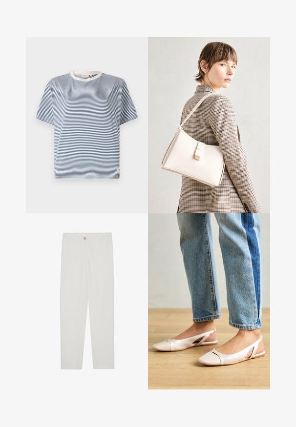 Camiseta de manga corta a rayas azules y blancas con un escote redondo y una pequeña etiqueta en el lado inferior. Confeccionada en una tela ligera.; Pantalones blancos, ajustados, con un diseño de pierna recta, que cuentan con un cierre de botón, lazos para cinturón y bolsillos laterales; textura de tela suave.; Bailarinas de color rosa pálido con tiras traseras y punta puntiaguda, fabricadas con un material similar al cuero suave. Presentan detalles recortados en los laterales y un tacón plano.; Bolso de mano de cuero blanco con un diseño estructurado, que presenta un cierre magnético y una correa para el hombro, exhibido sobre un fondo neutro.